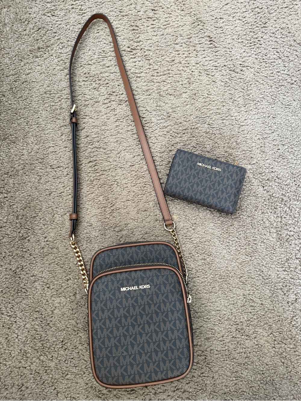 Michael Kors Brown Logo Crossbody with Gold Hardware and Matching Card Case